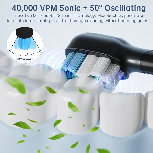 Alt view image 4 of 7 - Hooyapik Sonic Electric Toothbrush, 40,000 VPM, 6 Modes, White, with 6 Brush Heads and Travel Case (Black)