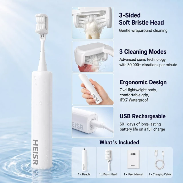 Alt view image 2 of 7 - Electric Toothbrush for Adults & Teenagers, Patented 3 Sided Head | Bass Angled Soft Bristles & 180° Rotating Head, Clean Each Tooth, Rechargeable Sonic Toothbrush 60+ Days Battery Life