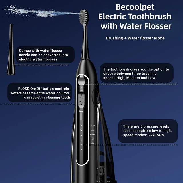 Alt view image 5 of 6 - Electric Toothbrush with Water Flosser,Portable Power Flossing Toothbrush | IPX7 Waterproof,Equipped Brush Head and Nozzle,for Travel and Home