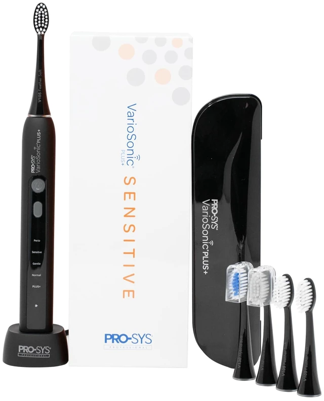 Main image of PRO-SYS® VarioSonic Plus+ Sensitive Kit Professional Electric Toothbrush for Sensitive Teeth, Rechargeable with Pressure Sensor and Timer, Customizable Intensity Powered Toothbrush with Travel Case
