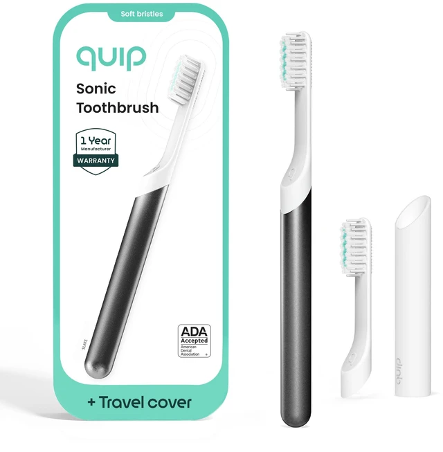 Main image of Quip Sonic Electric Toothbrush, Extra Brush Head, Metal Handle, Slate | Includes 2 Brush Heads and Travel Cover Mount, AAA Battery, 3 Month Battery Life, 2 Minute Timed Brushing, Travel Ready
