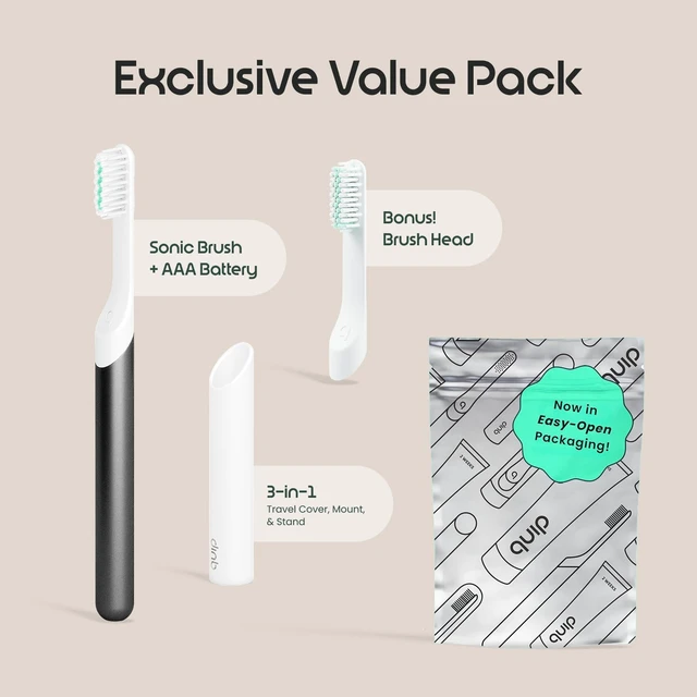 Alt view image 6 of 6 - Quip Sonic Electric Toothbrush, Extra Brush Head, Metal Handle, Slate | Includes 2 Brush Heads and Travel Cover Mount, AAA Battery, 3 Month Battery Life, 2 Minute Timed Brushing, Travel Ready