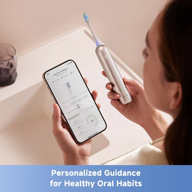 Alt view image 3 of 7 - Mova Fresh Pro Electric Toothbrush with App, 3DClean Rechargeable Electric Power Toothbrush for Adults, 2 Brush Heads & Travel Case, 3-in-1 Replacement Brush Head with Holder, Matte Silver