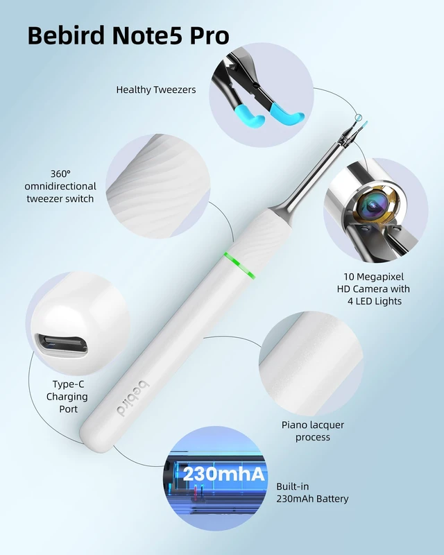 Alt view image 2 of 6 - Bebrid pro Ear Canal Wax Removal Tool Camera Tweezers - Note5 Pro Wireless Cleaner Otoscope with Light - Visual Ear Picker Scope with Videos - WiFi Cleaning Kit via Bebird App for Adults & Kids