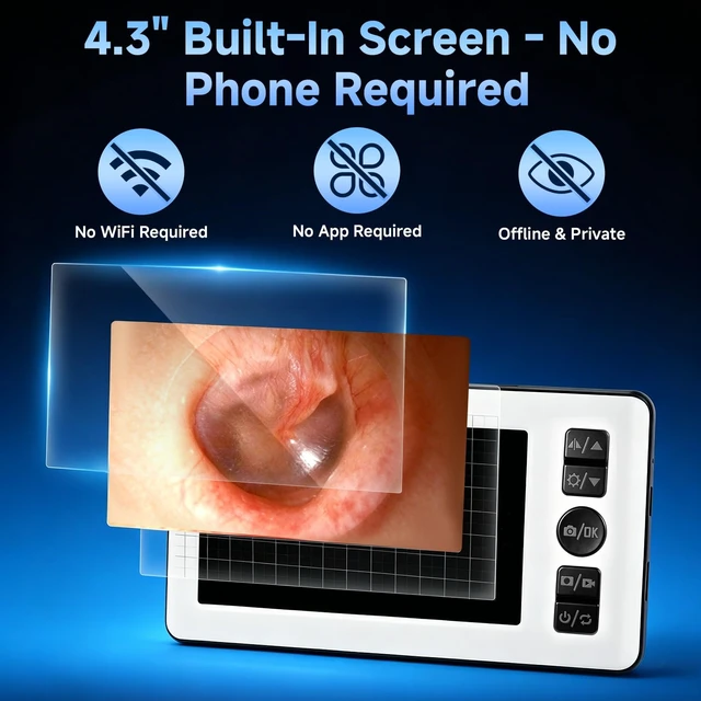 Alt view image 2 of 6 - AURTEC Digital Otoscope Ear Camera with 4.3" IPS 1080P HD Screen, Ear Wax Cleaner, 2500mAh Rechargeable Battery, Dual Mode (Built-in Screen & Phone Connection), 6 LED Lights and Soft Silicone Tips