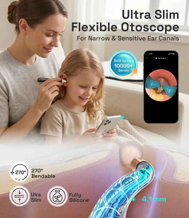 Alt view image 2 of 7 - MINIXTEC Ear Cleaner with Camera Waterproof HD Otoscope, Flexible Tip & Painless Ear Pick Tweezers for Narrow Ear Canals & Kids, Ear/Nose/Throat Home Care Kit, Smart Ear Wax Removal Tool