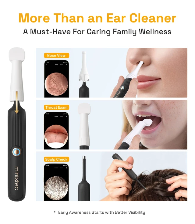 Alt view image 7 of 7 - MINIXTEC Ear Cleaner with Camera Waterproof HD Otoscope, Flexible Tip & Painless Ear Pick Tweezers for Narrow Ear Canals & Kids, Ear/Nose/Throat Home Care Kit, Smart Ear Wax Removal Tool