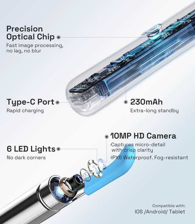 Alt view image 3 of 7 - MINIXTEC Ear Cleaner with Camera Waterproof HD Otoscope, Flexible Tip & Painless Ear Pick Tweezers for Narrow Ear Canals & Kids, Ear/Nose/Throat Home Care Kit, Smart Ear Wax Removal Tool