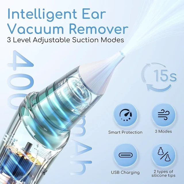 Alt view image 2 of 7 - Ear Vacuum Wax Removal Tool with 8 Pcs Ear Pick, Strong Suction Earwax Removal Kit with Charging Cable, Ear Suction Device for Adults and Kids (Green)