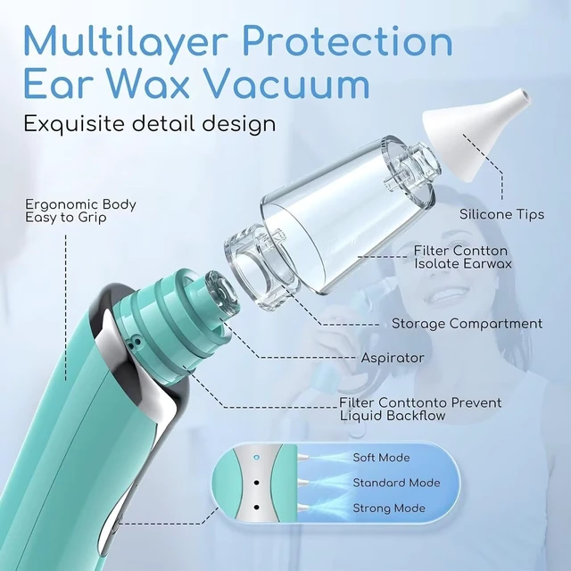 Alt view image 3 of 7 - Ear Vacuum Wax Removal Tool with 8 Pcs Ear Pick, Strong Suction Earwax Removal Kit with Charging Cable, Ear Suction Device for Adults and Kids (Green)
