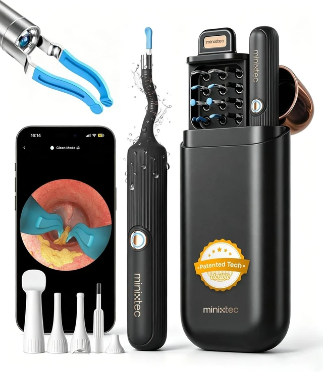 Main image of MINIXTEC Ear Cleaner with Camera Waterproof HD Otoscope, Flexible Tip & Painless Ear Pick Tweezers for Narrow Ear Canals & Kids, Ear/Nose/Throat Home Care Kit, Smart Ear Wax Removal Tool
