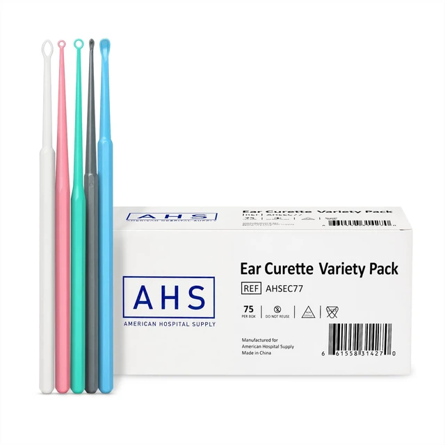 Main image of American Hospital Supply Disposable Ear Curettes, Ear Wax Removal Tools, 5 Color-Coded Tip Styles for Adults and Children, Pack of 75 or 15 of Each Tip Style