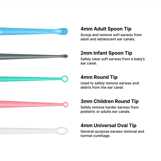Alt view image 2 of 6 - American Hospital Supply Disposable Ear Curettes, Ear Wax Removal Tools, 5 Color-Coded Tip Styles for Adults and Children, Pack of 75 or 15 of Each Tip Style