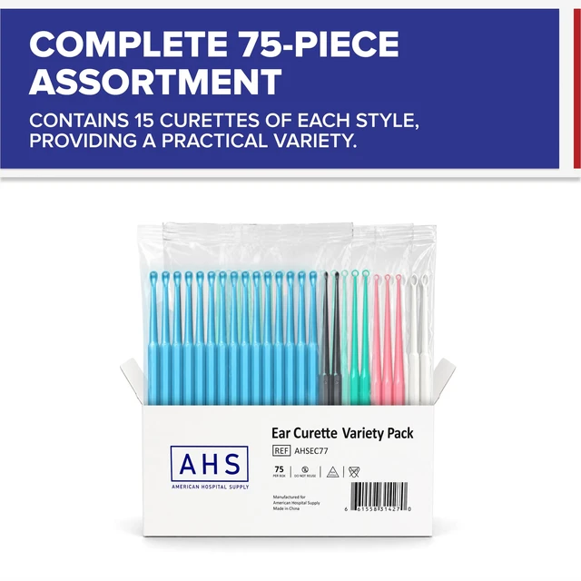 Alt view image 4 of 6 - American Hospital Supply Disposable Ear Curettes, Ear Wax Removal Tools, 5 Color-Coded Tip Styles for Adults and Children, Pack of 75 or 15 of Each Tip Style