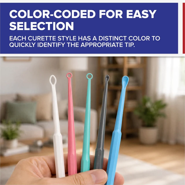 Alt view image 5 of 6 - American Hospital Supply Disposable Ear Curettes, Ear Wax Removal Tools, 5 Color-Coded Tip Styles for Adults and Children, Pack of 75 or 15 of Each Tip Style