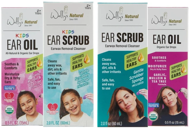 Main image of Wally's Natural Family Complete Ear Care Bundle, Adult & Kids Ear Oil Drops, 0.5 Fl Oz (Pack of 2), Adult & Kids Ear Scrub & Reusable Scrubber Sponge, 2 Fl Oz (Pack of 2), Supports Healthy Ears