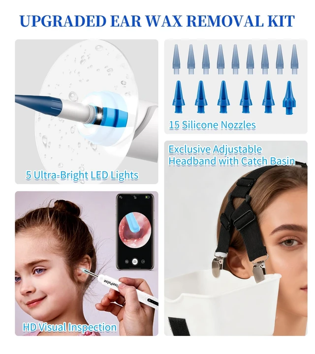 Alt view image 4 of 7 - Ear Wax Removal, Ear Cleaner with Camera 500ml Ear Cleaner Kit with HD Display & 4 Pressure Settings, Safe and Effective Ear Flush Kit with Ear Cleaner - Includes Basin, Towel & 16 Tips