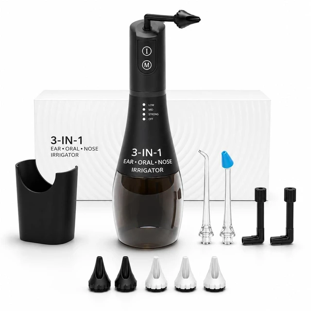 Main image of Electric 3-in-1 Ear Nose and Oral Irrigator with 5 Pressure Modes and Auto Timer, Ear Wax Removal Water Flosser and Nasal Rinse System, 6 Nozzles, Basin, Dust Bag, Charging Cable, Waterproof