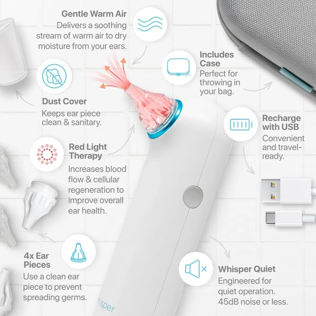 Alt view image 6 of 6 - Ear Dryer + Case | USA | 1 Year Warranty | Rechargable Ear Water Drying Aid with Red Light Therapy Delivers Gentle Warm Air to the Ear to Combat Annoying Swimmers Ear Infections as a Ear Fluid Remover