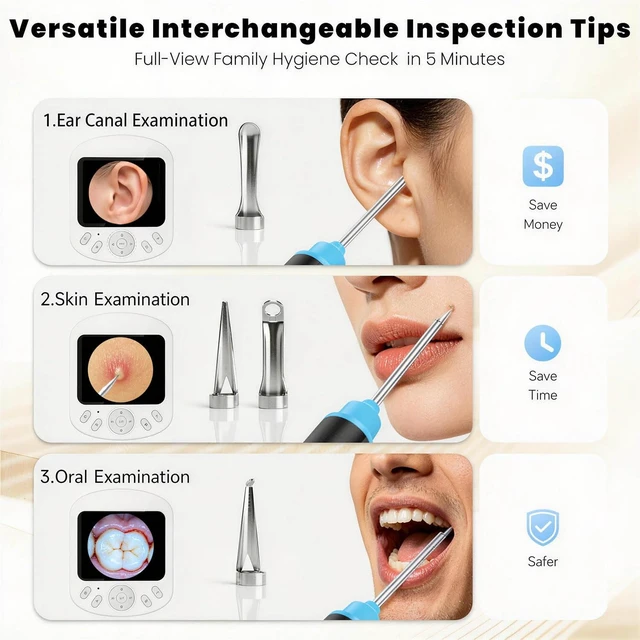 Alt view image 2 of 7 - Smart Digital Otoscope Ear Camera with Screen | Plug & Play Cleaner, White | App-Free HD Ear Cleaner with Camera & Screen | Safe One-Piece Silicone Tips & Adjustable LED Light Wand for Family Hygiene