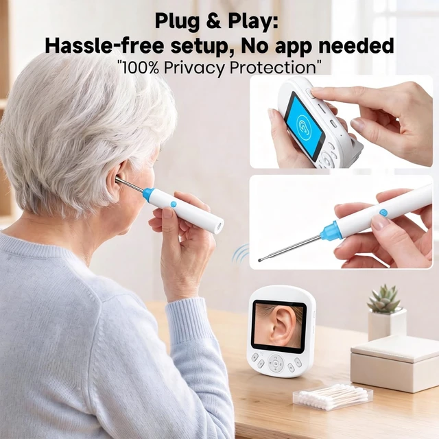 Alt view image 3 of 7 - Smart Digital Otoscope Ear Camera with Screen | Plug & Play Cleaner, White | App-Free HD Ear Cleaner with Camera & Screen | Safe One-Piece Silicone Tips & Adjustable LED Light Wand for Family Hygiene