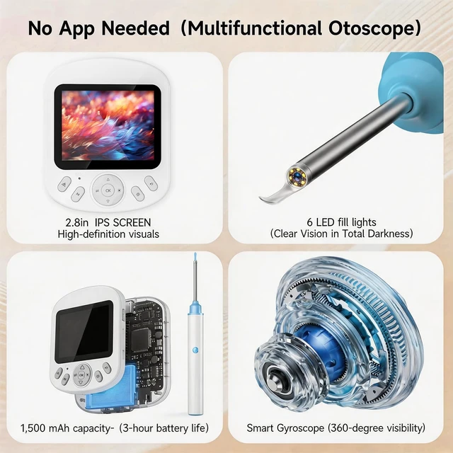 Alt view image 6 of 7 - Smart Digital Otoscope Ear Camera with Screen | Plug & Play Cleaner, White | App-Free HD Ear Cleaner with Camera & Screen | Safe One-Piece Silicone Tips & Adjustable LED Light Wand for Family Hygiene