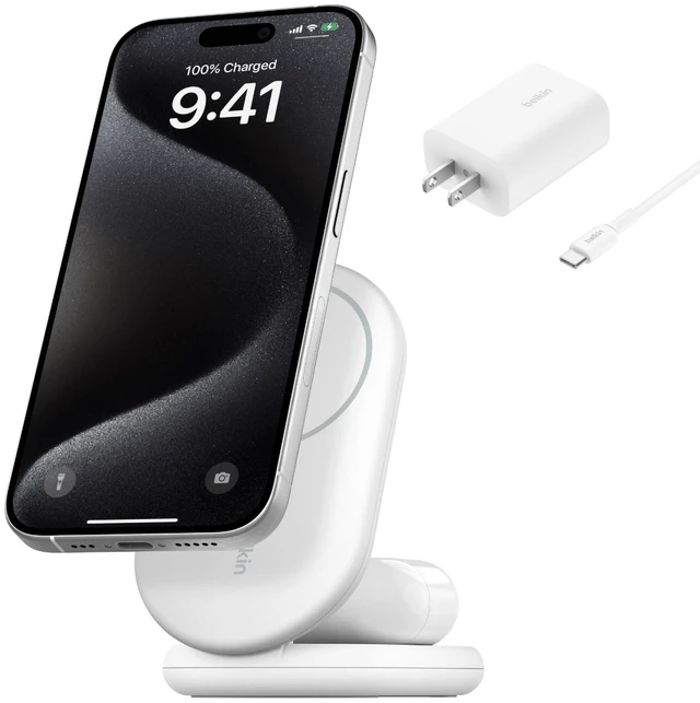 Main image of Belkin Qi2 15W Magnetic Wireless Charger, 2 in 1 Foldable, Non-Slip | MagSafe compatible, iPhone 16, Apple Watch, Samsung Galaxy S25 compatible, power adapter included