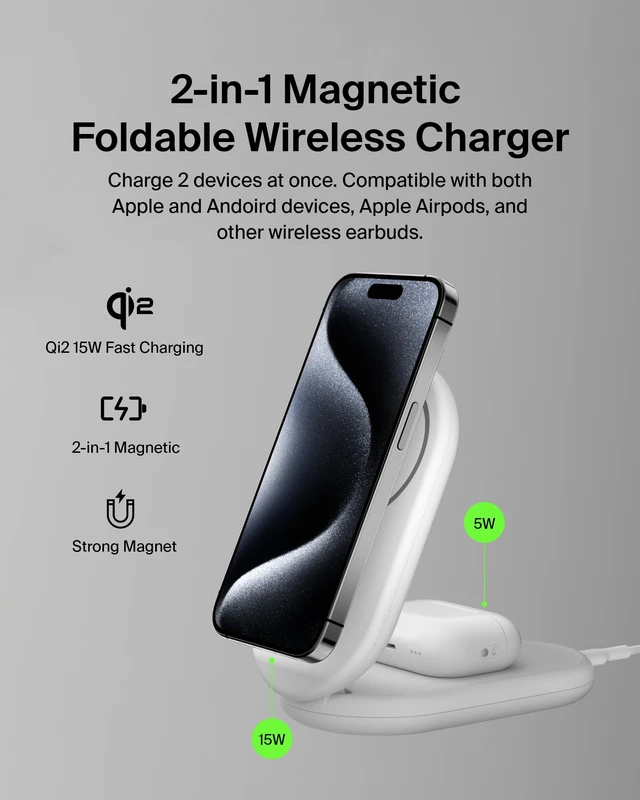 Alt view image 2 of 7 - Belkin Qi2 15W Magnetic Wireless Charger, 2 in 1 Foldable, Non-Slip | MagSafe compatible, iPhone 16, Apple Watch, Samsung Galaxy S25 compatible, power adapter included