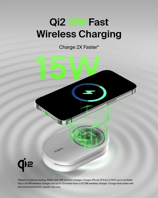 Alt view image 3 of 7 - Belkin Qi2 15W Magnetic Wireless Charger, 2 in 1 Foldable, Non-Slip | MagSafe compatible, iPhone 16, Apple Watch, Samsung Galaxy S25 compatible, power adapter included