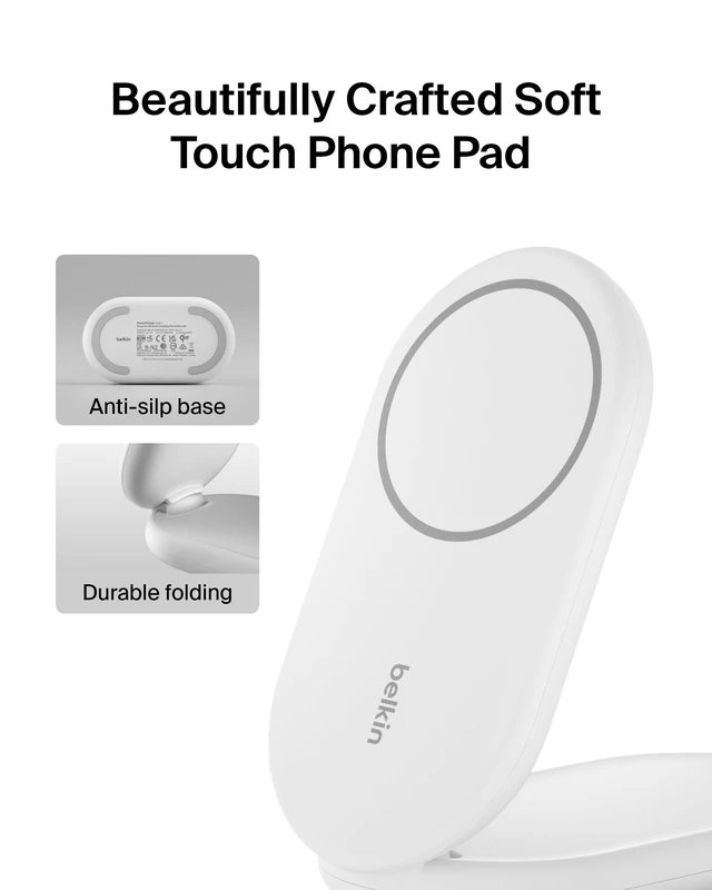Alt view image 5 of 7 - Belkin Qi2 15W Magnetic Wireless Charger, 2 in 1 Foldable, Non-Slip | MagSafe compatible, iPhone 16, Apple Watch, Samsung Galaxy S25 compatible, power adapter included