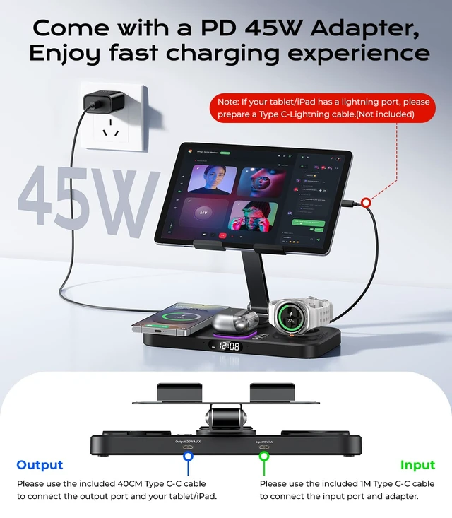 Alt view image 6 of 7 - Meifigno 45W Wireless Charging Station for Multiple Samsung Device, Foldable 20W Wired Charger Stand for Galaxy Tab, Charger for S26 Ultra/S25/Z Fold 8 Ultra/8/Z Flip 8 & Buds, Only for Galaxy Watch