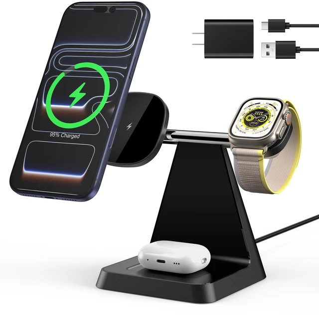 Main image of 3-in-1 Magnetic Wireless MagSafe Charger Stand for Apple Devices | Charging Station for iPhone 12/13/14/15/16/17, Apple Watch & AirPods Ideal for Nightstand, Desk, or Home Office