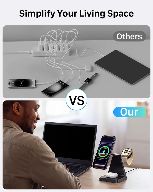 Alt view image 4 of 7 - 3-in-1 Magnetic Wireless MagSafe Charger Stand for Apple Devices | Charging Station for iPhone 12/13/14/15/16/17, Apple Watch & AirPods Ideal for Nightstand, Desk, or Home Office