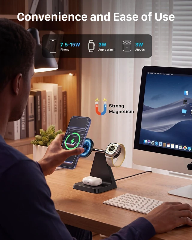 Alt view image 5 of 7 - 3-in-1 Magnetic Wireless MagSafe Charger Stand for Apple Devices | Charging Station for iPhone 12/13/14/15/16/17, Apple Watch & AirPods Ideal for Nightstand, Desk, or Home Office
