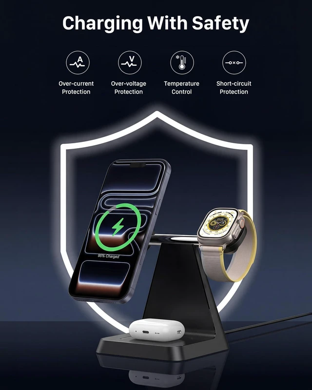 Alt view image 7 of 7 - 3-in-1 Magnetic Wireless MagSafe Charger Stand for Apple Devices | Charging Station for iPhone 12/13/14/15/16/17, Apple Watch & AirPods Ideal for Nightstand, Desk, or Home Office