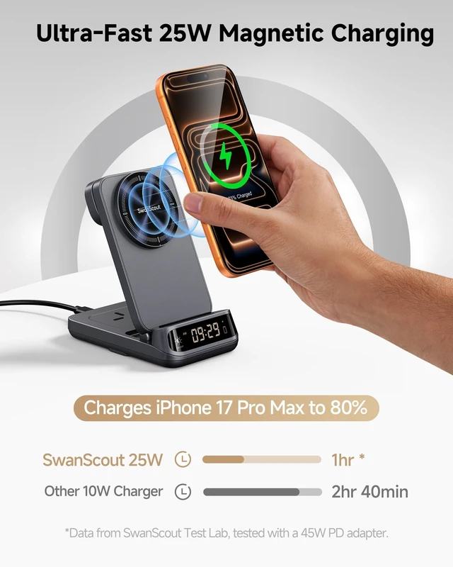 Alt view image 2 of 7 - 25W 3 in 1 MagSafe Charger Stand for iPhone 18/Duo, Apple Watch, AirPods | 25W MagSafe fast charging, Foldable travel stand, Dimmable LED clock, 5W Fast charging for Apple Watch, Nightstand mode, 708M