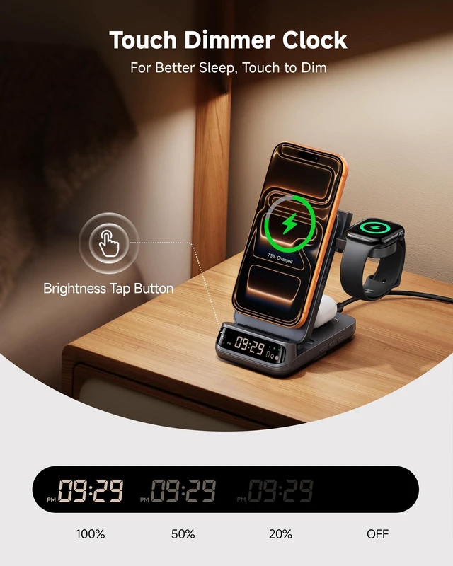 Alt view image 5 of 7 - 25W 3 in 1 MagSafe Charger Stand for iPhone 18/Duo, Apple Watch, AirPods | 25W MagSafe fast charging, Foldable travel stand, Dimmable LED clock, 5W Fast charging for Apple Watch, Nightstand mode, 708M