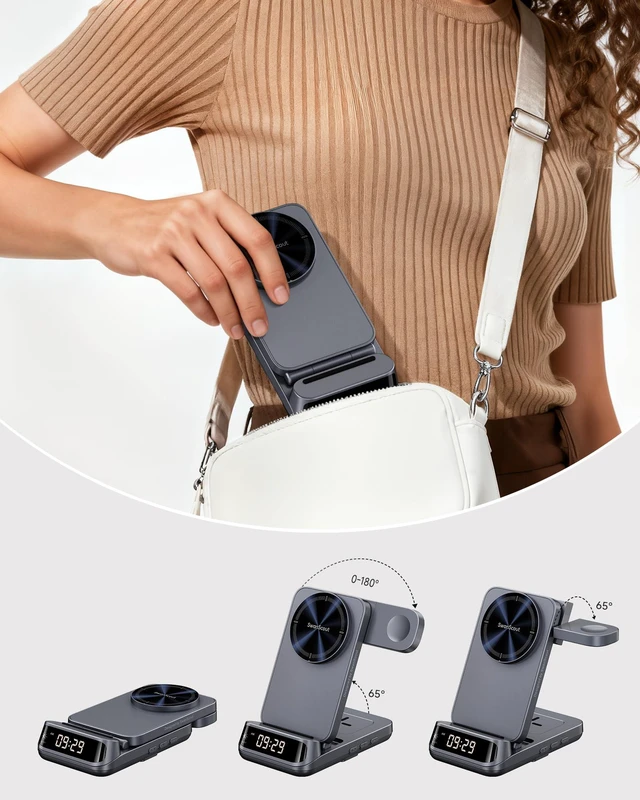 Alt view image 6 of 7 - 25W 3 in 1 MagSafe Charger Stand for iPhone 18/Duo, Apple Watch, AirPods | 25W MagSafe fast charging, Foldable travel stand, Dimmable LED clock, 5W Fast charging for Apple Watch, Nightstand mode, 708M