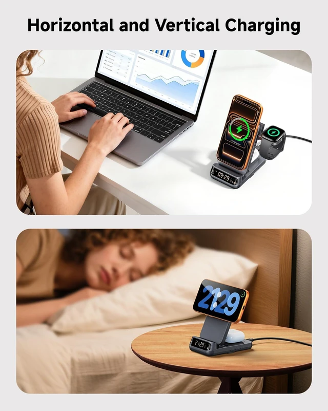 Alt view image 7 of 7 - 25W 3 in 1 MagSafe Charger Stand for iPhone 18/Duo, Apple Watch, AirPods | 25W MagSafe fast charging, Foldable travel stand, Dimmable LED clock, 5W Fast charging for Apple Watch, Nightstand mode, 708M