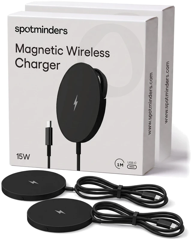 Main image of SPOTMINDERS Wireless Charger for iPhone, AirPods, Tracking Card 2-Pack 15W Flat Fast Charging Pad Qi Compatible with Samsung, Android, Apple - MagSafe, Non-Slip Surface, Advanced Cooling No AC Adapter