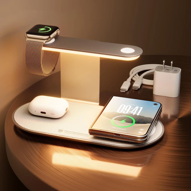 Main image of TRANSFORMERS 3 in 1 Charging Station with 3-Level Adjustable Lighting | 15W MagSafe Charger for iPhone 18/Duo/17/16/15/14/13/12 Series, Apple Watch Series 12-2/Ultra 4/SE 3, AirPods 5/Pro 3