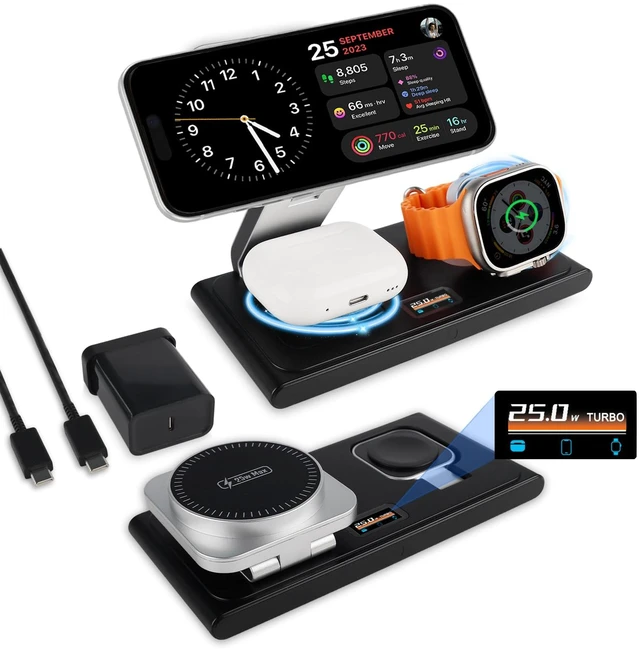 Main image of MONASAY 25W 3-in-1 Wireless Charging Station for Apple with Smart Screen | TURBO Indicator,25W Fast Charging,Foldable Magnetic Design,45W PD Adapter,for iPhone 18/17/16/15/14/13/12,Watch & AirPods