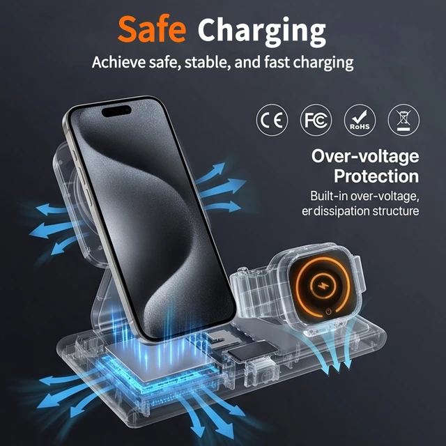 Alt view image 6 of 7 - MONASAY 25W 3-in-1 Wireless Charging Station for Apple with Smart Screen | TURBO Indicator,25W Fast Charging,Foldable Magnetic Design,45W PD Adapter,for iPhone 18/17/16/15/14/13/12,Watch & AirPods