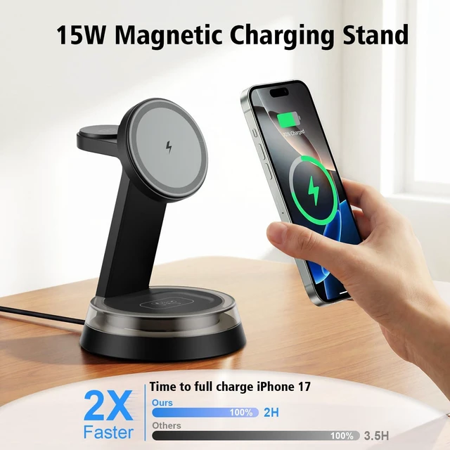 Alt view image 2 of 7 - ANYLINCON 3-in-1 Charging Station Magnetic Charging Stand for Apple Devices | Fast Wireless Charger Station with Night Light for iPhone 17 16 15 14 13 12 Series, Apple Watch, AirPods 4 3 2 Pro(Black)