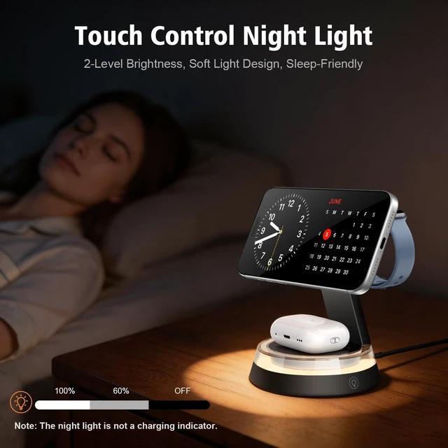 Alt view image 4 of 7 - ANYLINCON 3-in-1 Charging Station Magnetic Charging Stand for Apple Devices | Fast Wireless Charger Station with Night Light for iPhone 17 16 15 14 13 12 Series, Apple Watch, AirPods 4 3 2 Pro(Black)