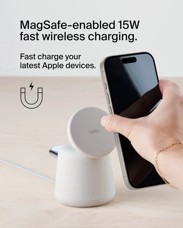 Alt view image 2 of 6 - Belkin MagSafe 15W 2 in 1 Wireless Charging Dock, Fast Charger | iPhone 17/16/15/14, AirPods, Pixel 10 compatible, power adapter included, desk charging dock, Magnetic