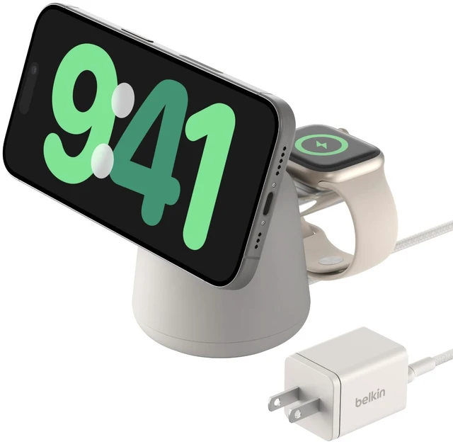 Main image of Belkin MagSafe 15W 2 in 1 Wireless Charging Dock, Fast Charger | iPhone 17/16/15/14, AirPods, Pixel 10 compatible, power adapter included, desk charging dock, Magnetic