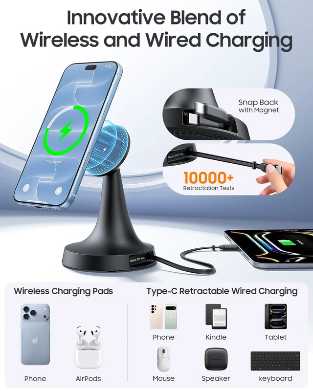 Alt view image 3 of 7 - Meifigno 25W Magnetic Wireless Charger Stand for iPhone 18 Pro Max/S26Ultra | Built-in 20W Retractable Type-C Cable, Compatible with MagSafe iPhone Charger Stand with 45W Adapter