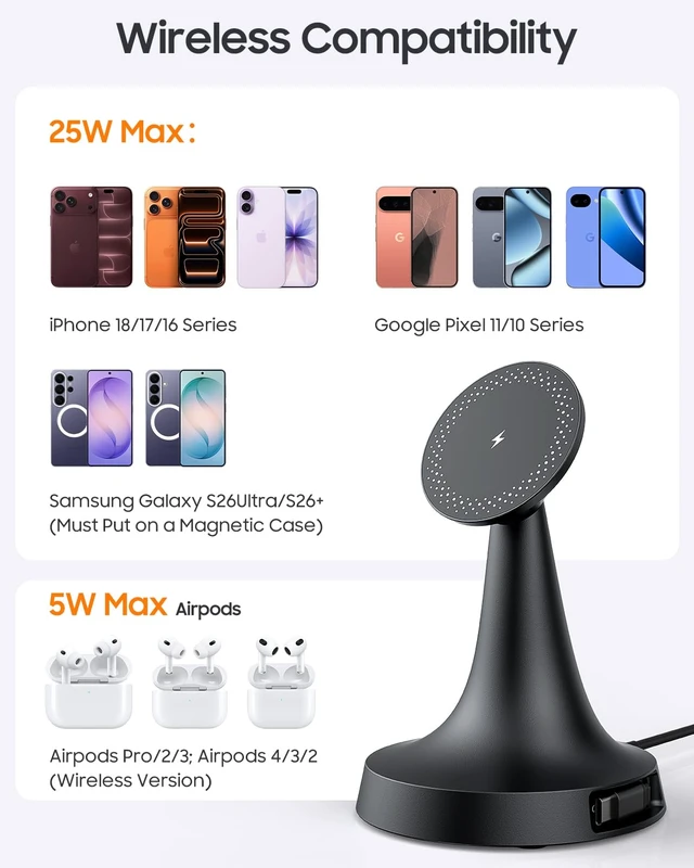 Alt view image 6 of 7 - Meifigno 25W Magnetic Wireless Charger Stand for iPhone 18 Pro Max/S26Ultra | Built-in 20W Retractable Type-C Cable, Compatible with MagSafe iPhone Charger Stand with 45W Adapter