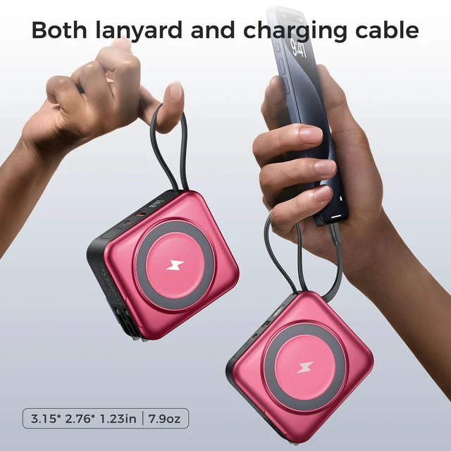 Alt view image 3 of 7 - NOPBER 10000mAh Portable Charger Power Bank Built in Cables&Wall Plug | PD 22.5W USB C Fast Charging,15W Magnetic Wireless Charging,Charge 5 devices for iPhone, Android & Samsung (Red)
